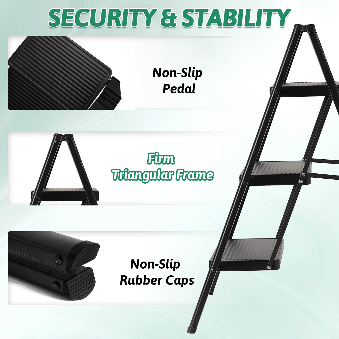 3-Step Folding Ladder, Heavy Duty Ladders for Home & Kitchen, Folding Ladder Easy to Store, Tall Ladder for Adults, Anti-Slip & Space-Saving Step Ladder, 330 Lbs Capacity