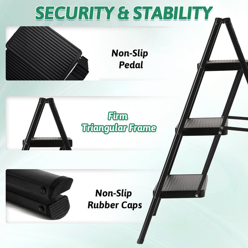 3-Step Folding Ladder, Heavy Duty Ladders for Home & Kitchen, Folding Ladder Easy to Store, Tall Ladder for Adults, Anti-Slip & Space-Saving Step Ladder, 330 Lbs Capacity