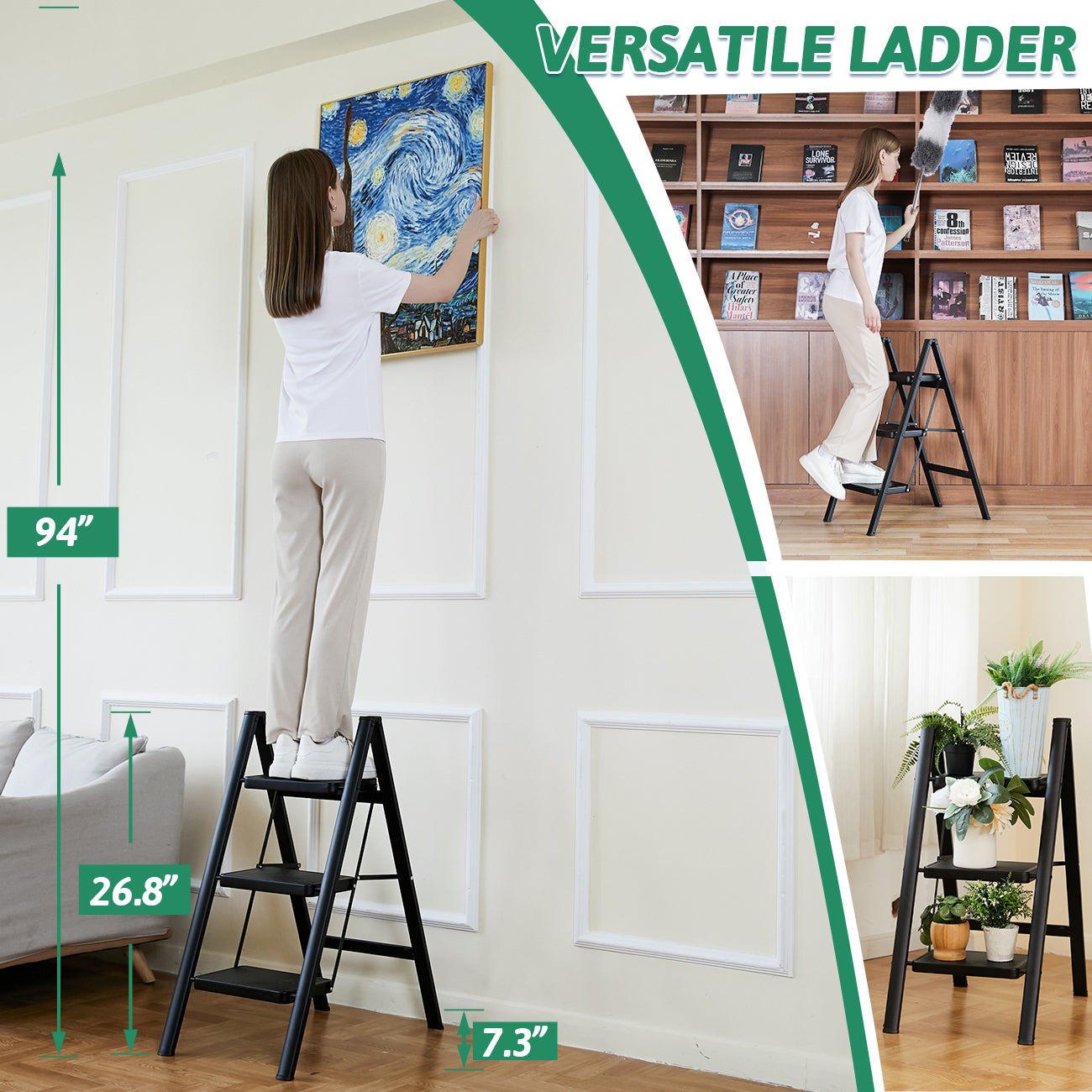 3-Step Folding Ladder, Heavy Duty Ladders for Home & Kitchen, Folding Ladder Easy to Store, Tall Ladder for Adults, Anti-Slip & Space-Saving Step Ladder, 330 Lbs Capacity