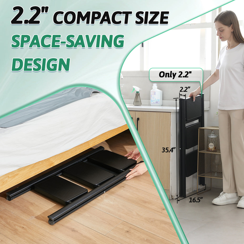 3-Step Folding Ladder, Heavy Duty Ladders for Home & Kitchen, Folding Ladder Easy to Store, Tall Ladder for Adults, Anti-Slip & Space-Saving Step Ladder, 330 Lbs Capacity