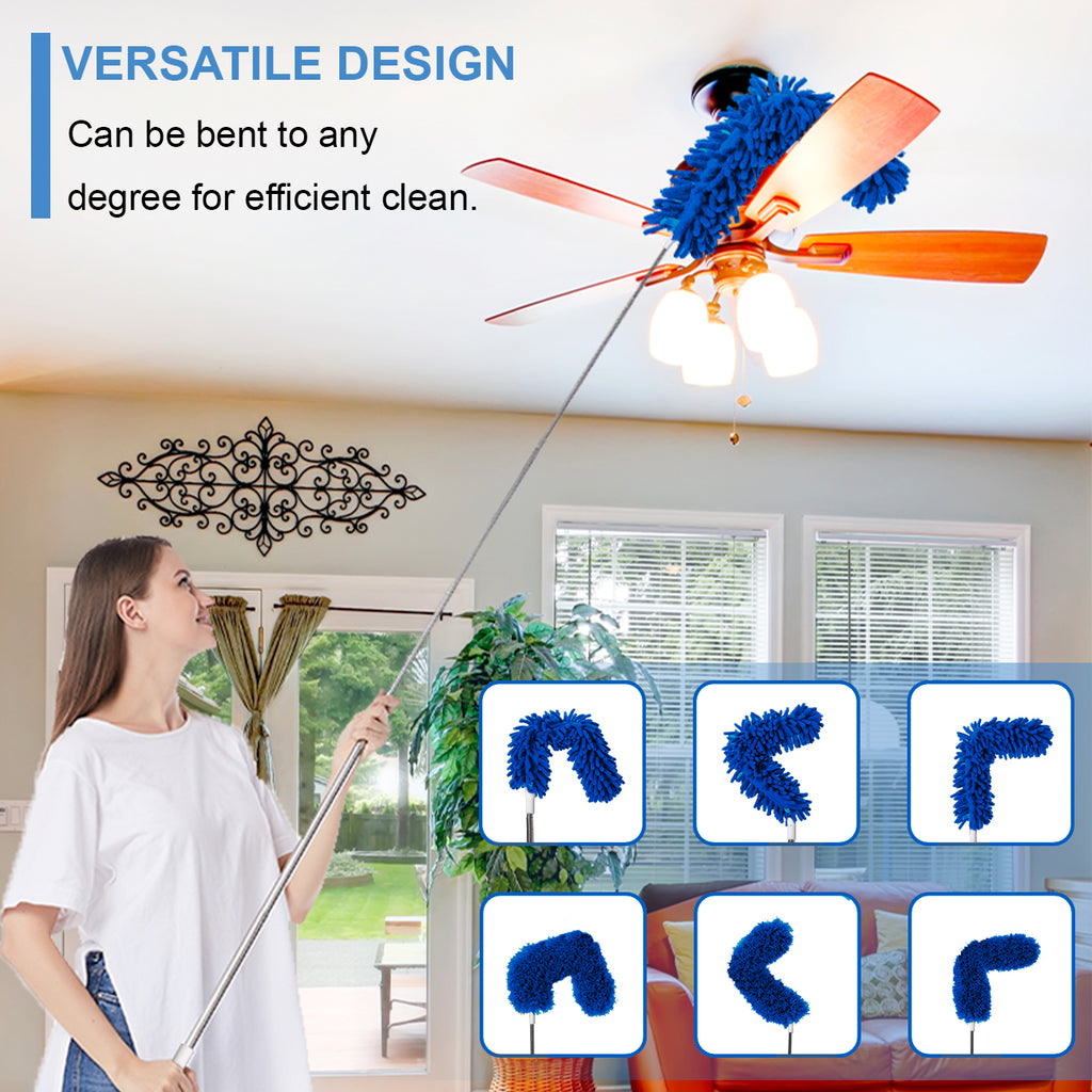 Upgraded Dusters for Cleaning (6pcs), Ceiling Fan Duster with 100" Thickened Extension Pole, Extendable Long Microfiber Duster for High Ceilings, Reusable & Washable Dusting Wand by OOSOFITT Blue