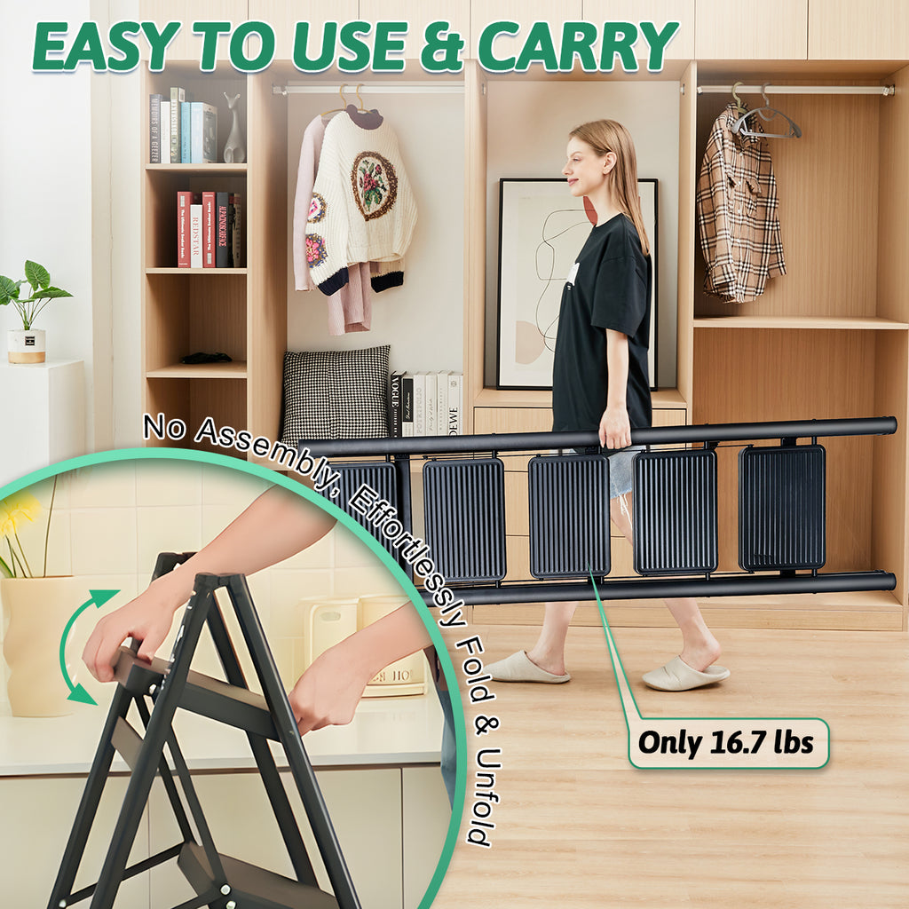 5-Step Folding Ladder, Heavy Duty Ladders for Home & Kitchen, Folding Ladder Easy to Store, Tall Ladder for Adults, Anti-Slip & Space-Saving Step Ladder, 330 Lbs Capacity