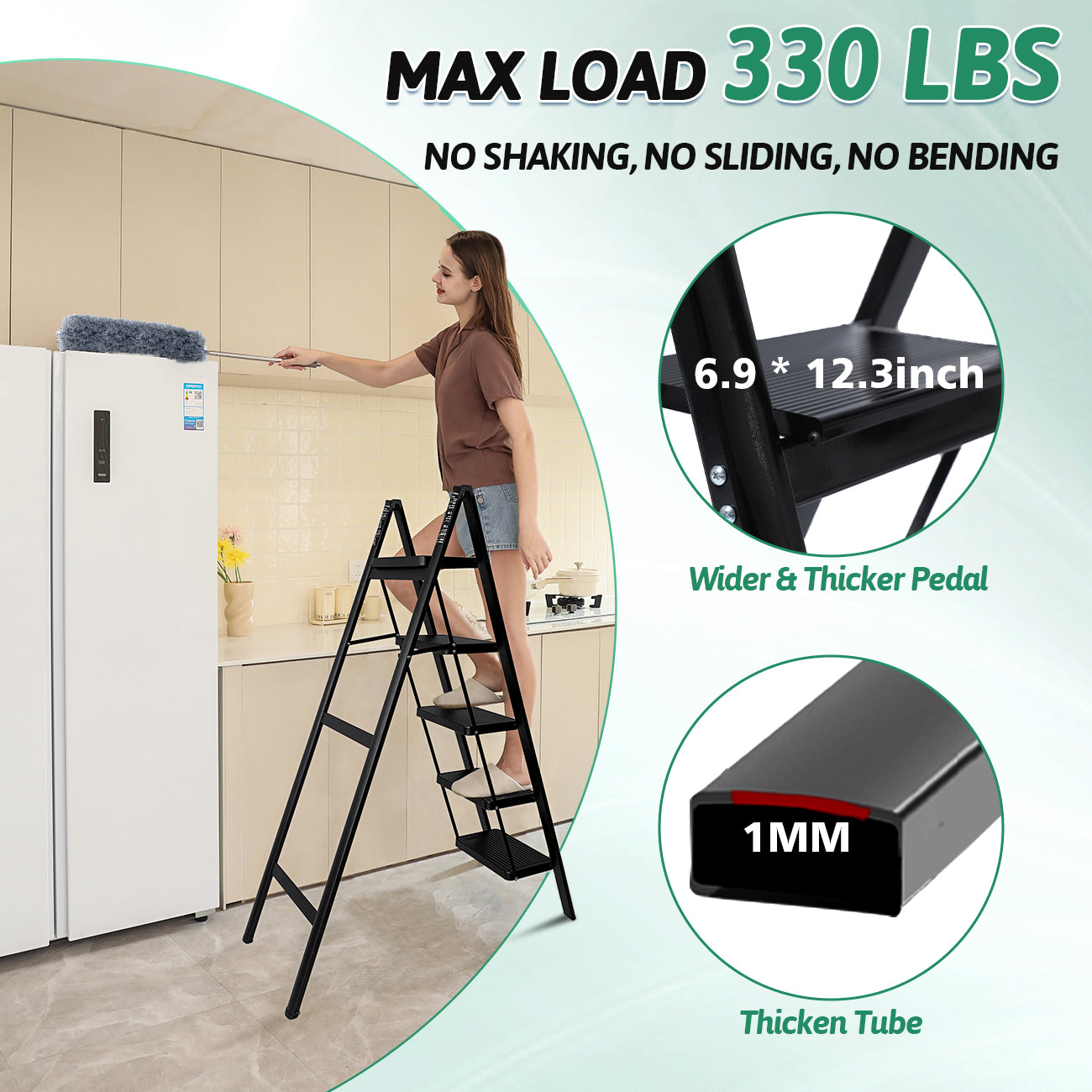 5-Step Folding Ladder, Heavy Duty Ladders for Home & Kitchen, Folding Ladder Easy to Store, Tall Ladder for Adults, Anti-Slip & Space-Saving Step Ladder, 330 Lbs Capacity