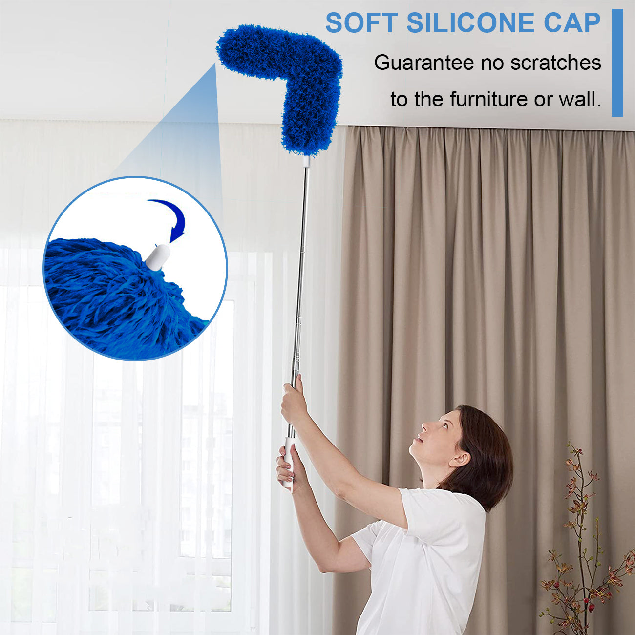 Upgraded Dusters for Cleaning (6pcs), Ceiling Fan Duster with 100" Thickened Extension Pole, Extendable Long Microfiber Duster for High Ceilings, Reusable & Washable Dusting Wand by OOSOFITT Blue