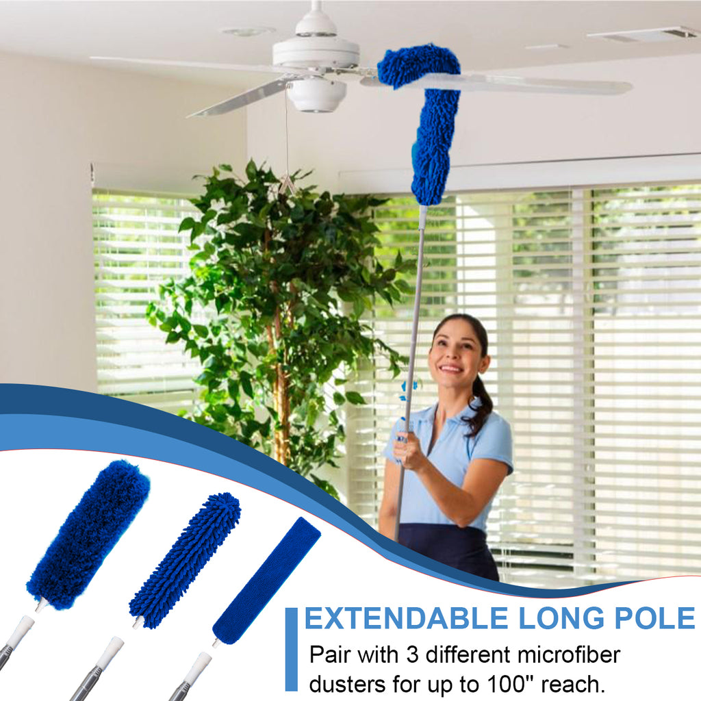 Upgraded Dusters for Cleaning (6pcs), Ceiling Fan Duster with 100" Thickened Extension Pole, Extendable Long Microfiber Duster for High Ceilings, Reusable & Washable Dusting Wand by OOSOFITT Blue