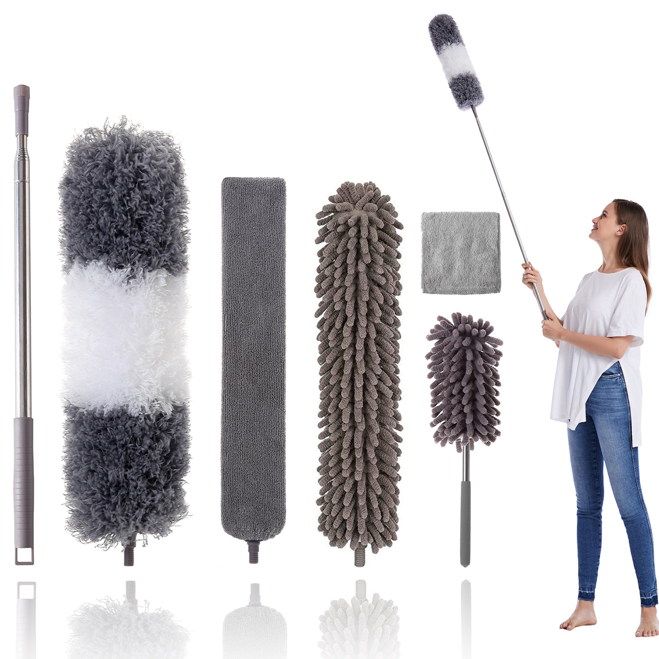 Microfiber Duster Kit for High Ceiling (6pcs), Extendable Dusters for Cleaning with 100" Extension Pole, Long Feather Duster for Fan/Car, House Cleaning Tool Kit by OOSOFITT