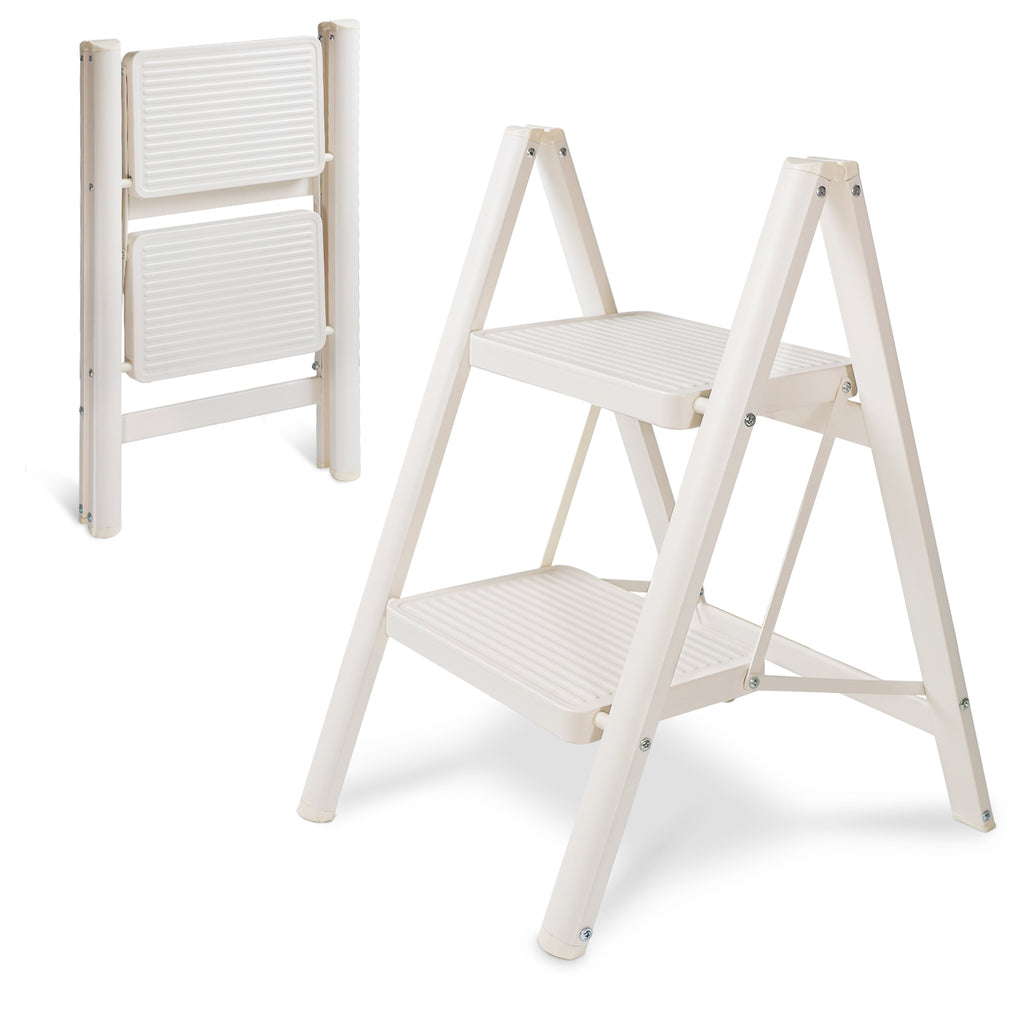 2 Step Ladder Folding Step Stool, Heavy Duty 330 Lbs Load Stepladder, Small Kitchen/Closet Ladder for Adults/Kids, Lightweight Step Ladder 2 Step Folding with Anti-Slip Wide Pedal for Home Off White