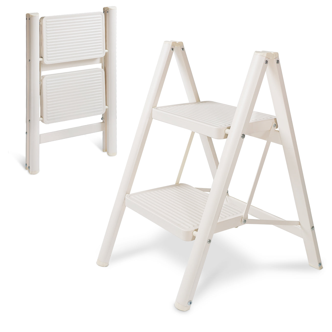 2 Step Ladder Folding Step Stool, Heavy Duty 330 Lbs Load Stepladder, Small Kitchen/Closet Ladder for Adults/Kids, Lightweight Step Ladder 2 Step Folding with Anti-Slip Wide Pedal for Home Off White