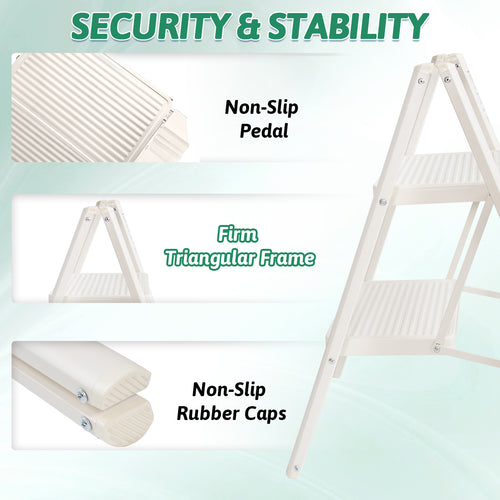 2 Step Ladder Folding Step Stool, Heavy Duty 330 Lbs Load Stepladder, Small Kitchen/Closet Ladder for Adults/Kids, Lightweight Step Ladder 2 Step Folding with Anti-Slip Wide Pedal for Home Off White