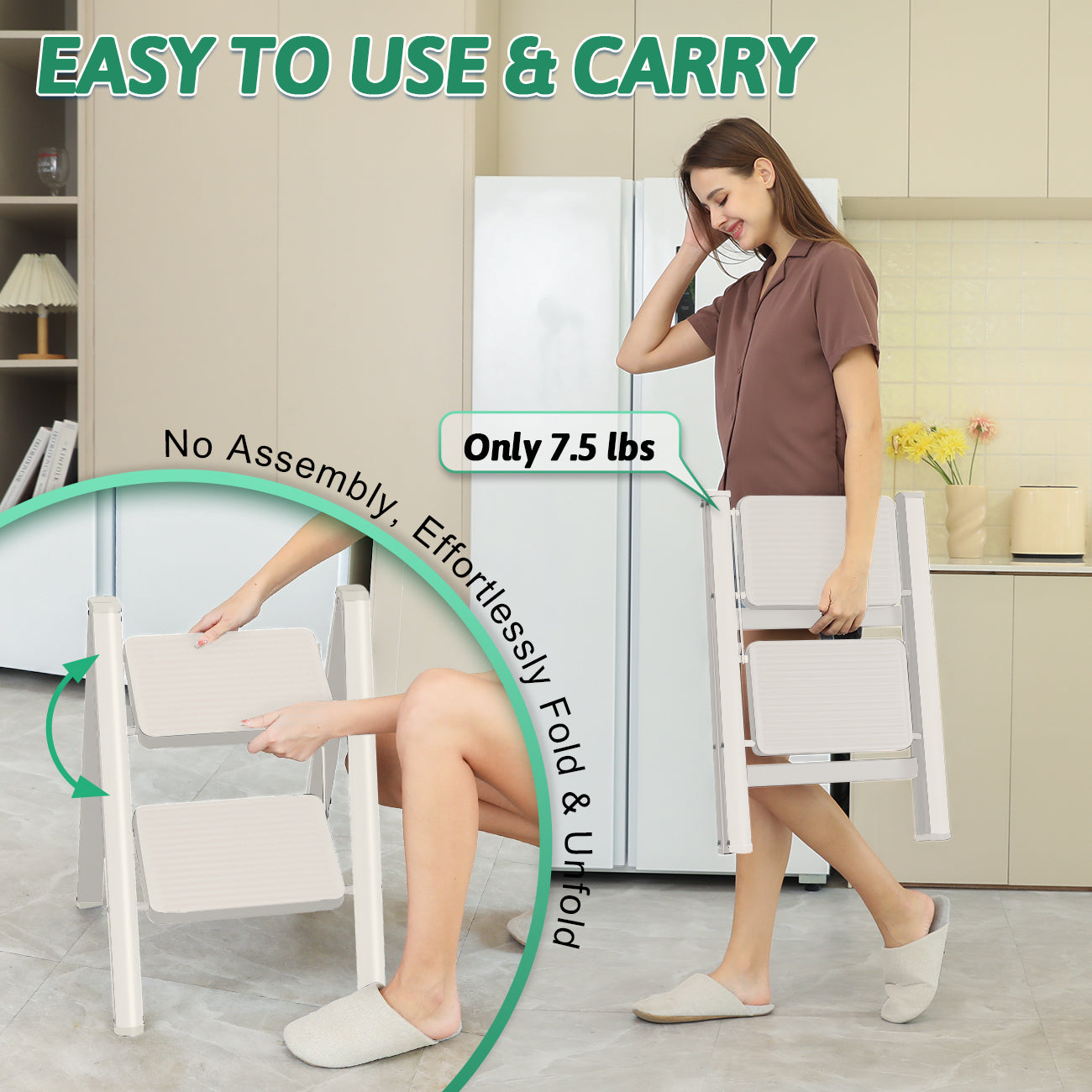 2 Step Ladder Folding Step Stool, Heavy Duty 330 Lbs Load Stepladder, Small Kitchen/Closet Ladder for Adults/Kids, Lightweight Step Ladder 2 Step Folding with Anti-Slip Wide Pedal for Home Off White