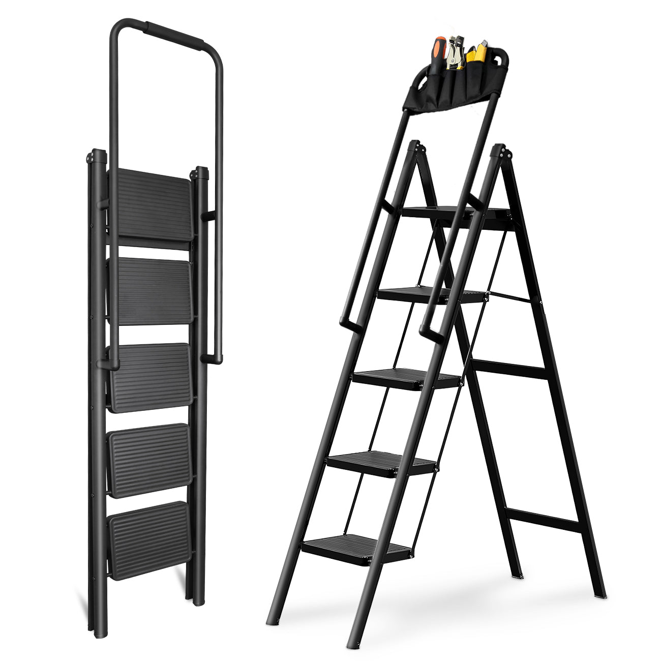 5-Step Folding Ladder with Handrails, Heavy Duty Ladders for Home & Kitchen, Folding Ladder Easy to Store, Tall Ladder for Adults, Anti-Slip & Space-Saving Step Ladder, 330 Lbs Capacity