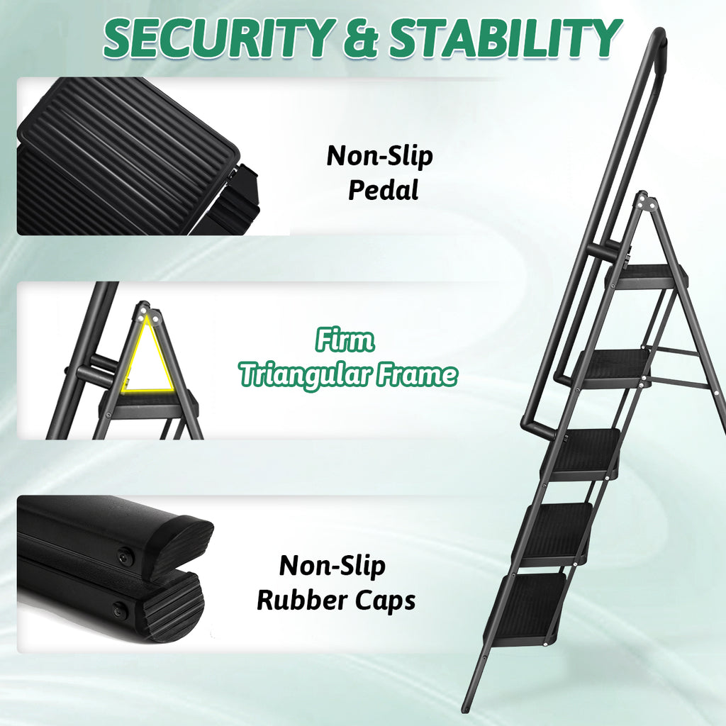 5-Step Folding Ladder with Handrails, Heavy Duty Ladders for Home & Kitchen, Folding Ladder Easy to Store, Tall Ladder for Adults, Anti-Slip & Space-Saving Step Ladder, 330 Lbs Capacity