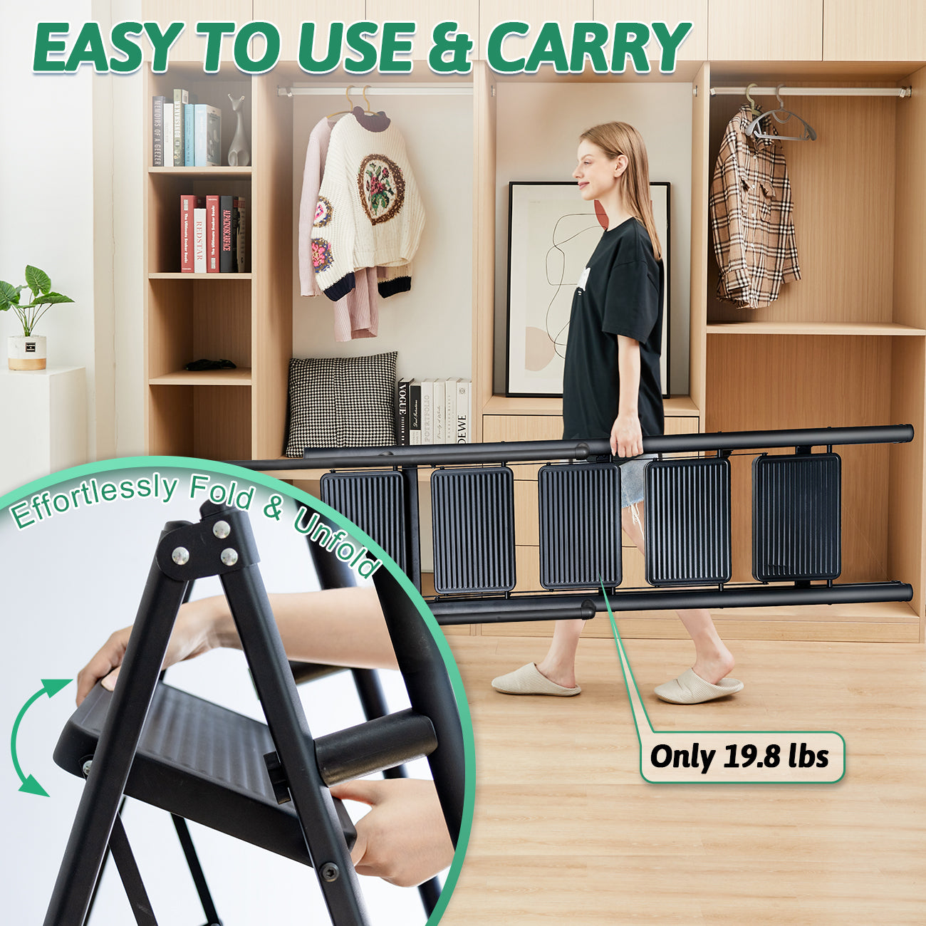 5-Step Folding Ladder with Handrails, Heavy Duty Ladders for Home & Kitchen, Folding Ladder Easy to Store, Tall Ladder for Adults, Anti-Slip & Space-Saving Step Ladder, 330 Lbs Capacity
