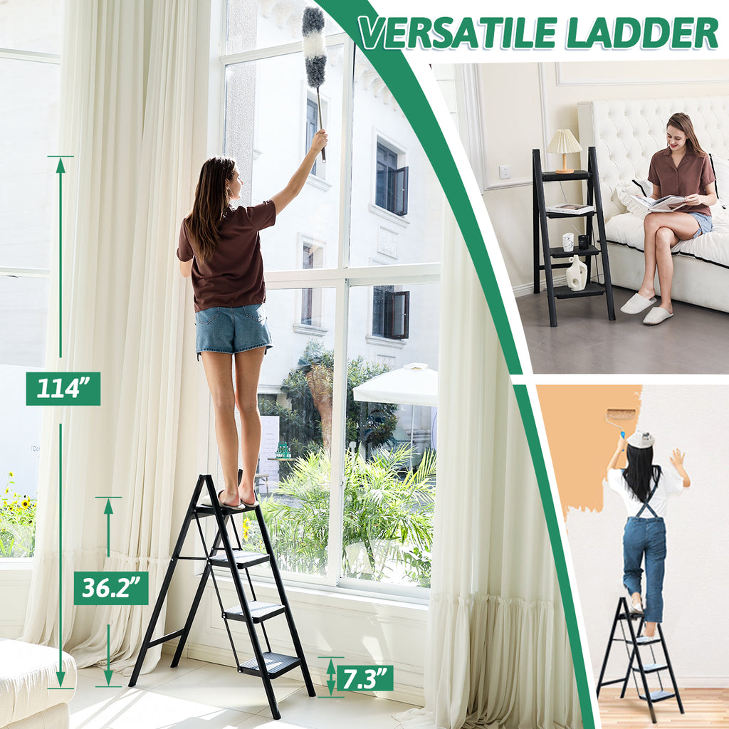 4-Step Folding Ladder, Heavy Duty Ladders for Home & Kitchen, Folding Ladder Easy to Store, Tall Ladder for Adults, Anti-Slip & Space-Saving Step Ladder, 330 Lbs Capacity