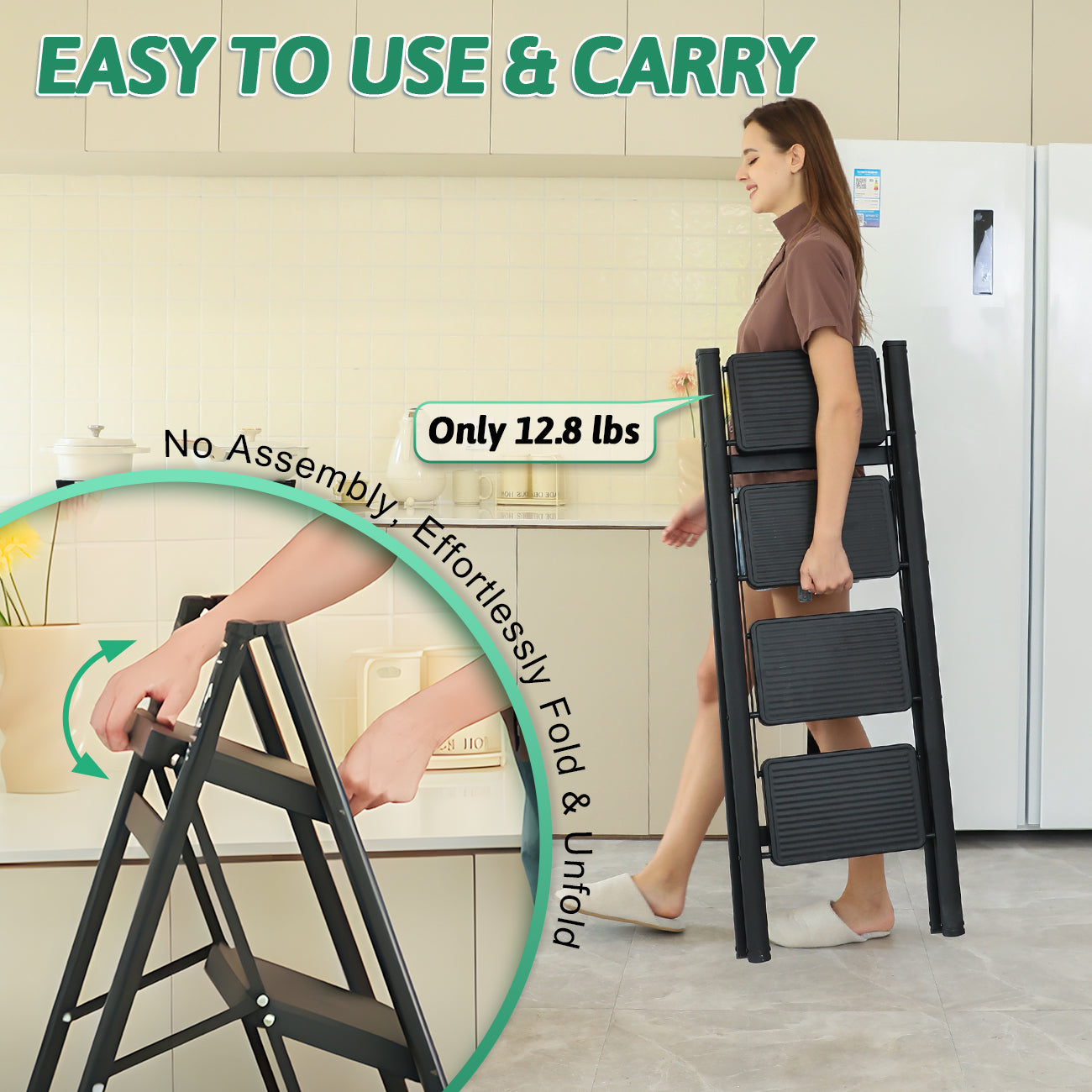4-Step Folding Ladder, Heavy Duty Ladders for Home & Kitchen, Folding Ladder Easy to Store, Tall Ladder for Adults, Anti-Slip & Space-Saving Step Ladder, 330 Lbs Capacity