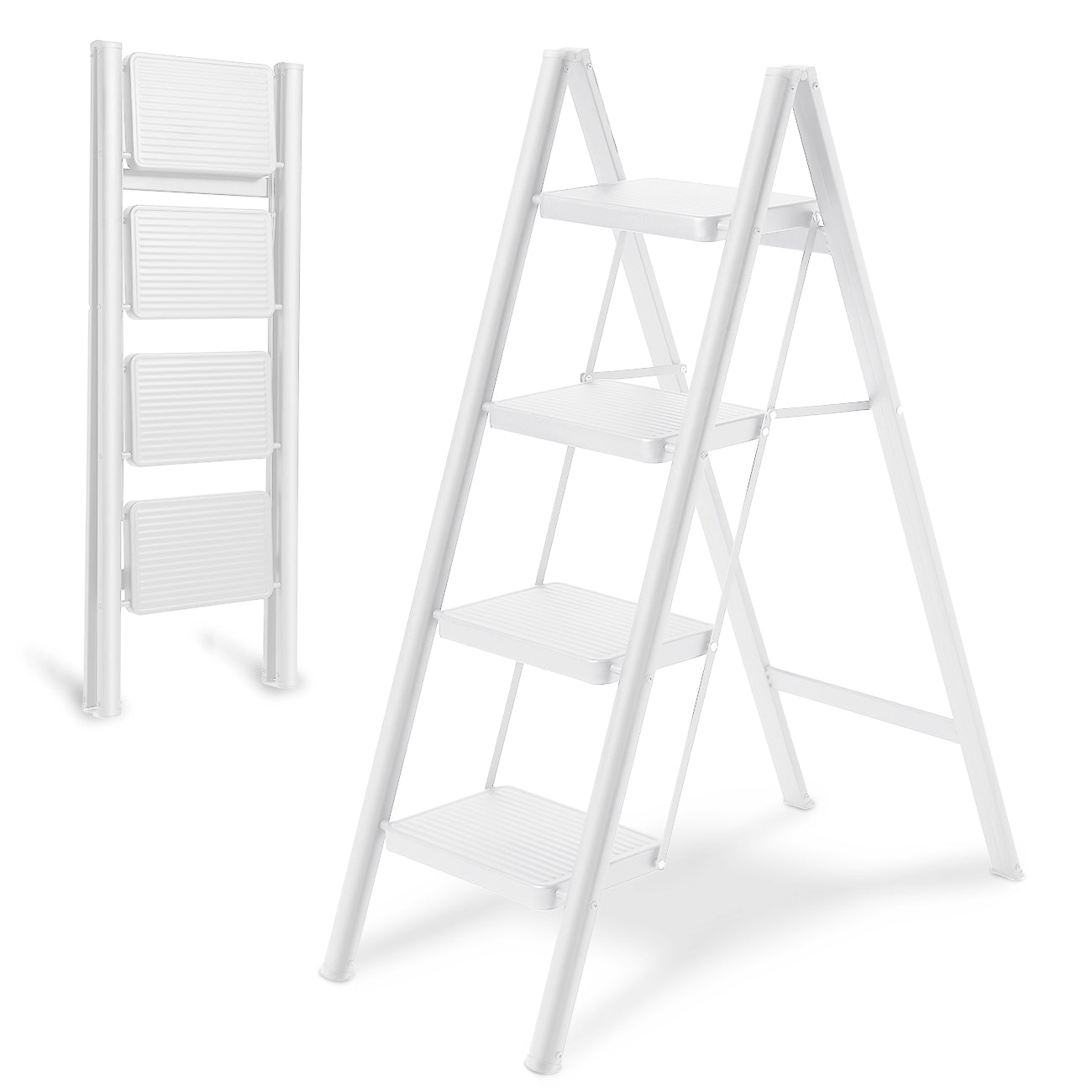 4-Step Folding Ladder, Heavy Duty Ladders for Home & Kitchen, Folding Ladder Easy to Store, Tall Ladder for Adults, Anti-Slip & Space-Saving Step Ladder, 330 Lbs Capacity, White