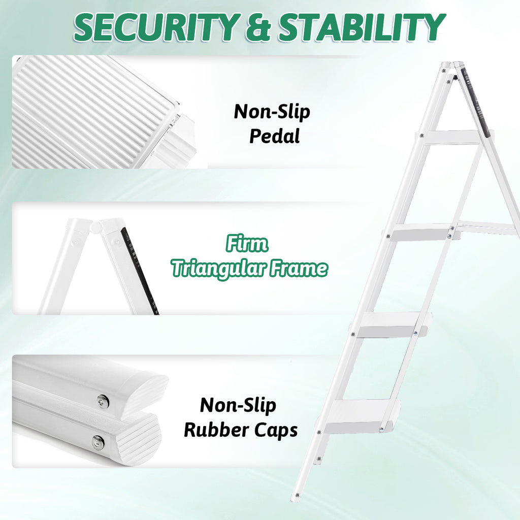 4-Step Folding Ladder, Heavy Duty Ladders for Home & Kitchen, Folding Ladder Easy to Store, Tall Ladder for Adults, Anti-Slip & Space-Saving Step Ladder, 330 Lbs Capacity, White